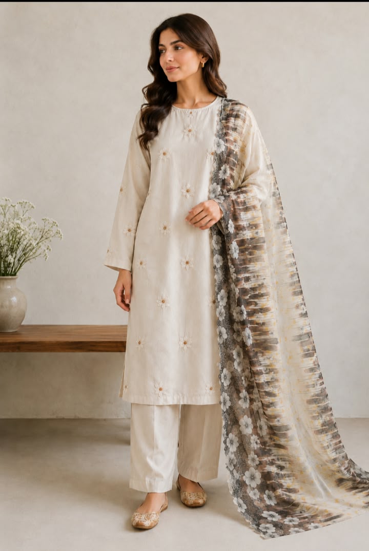 Light Skin / Beige Hand Embroidered 3-Piece Lawn Unstitched Suit