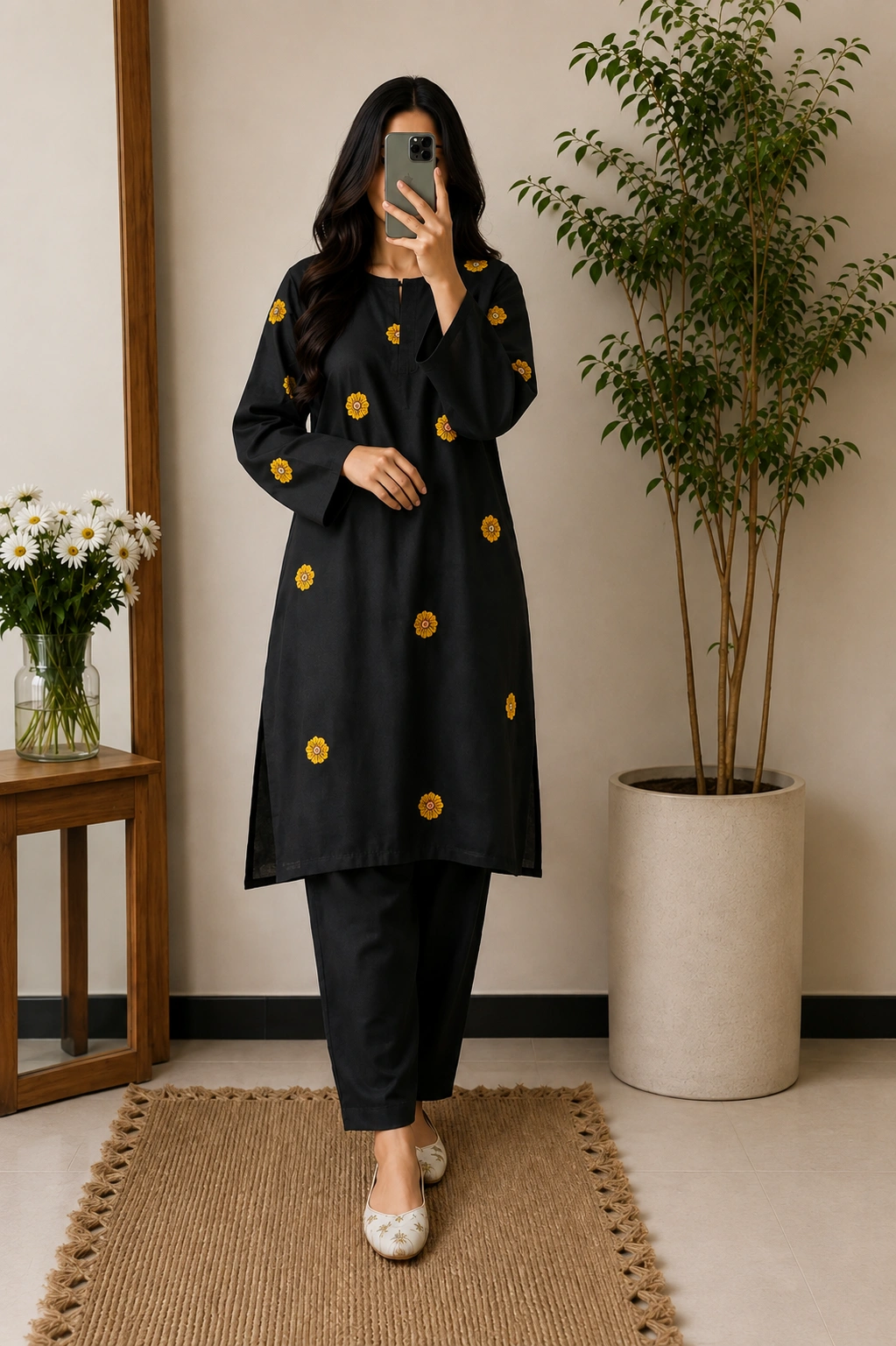 Black Pure Cotton Hand Embroidered 2-Piece Unstitched Suit