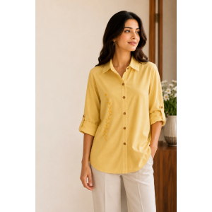 Yellow Pure Cotton Hand Embroidered Ladies Shirt