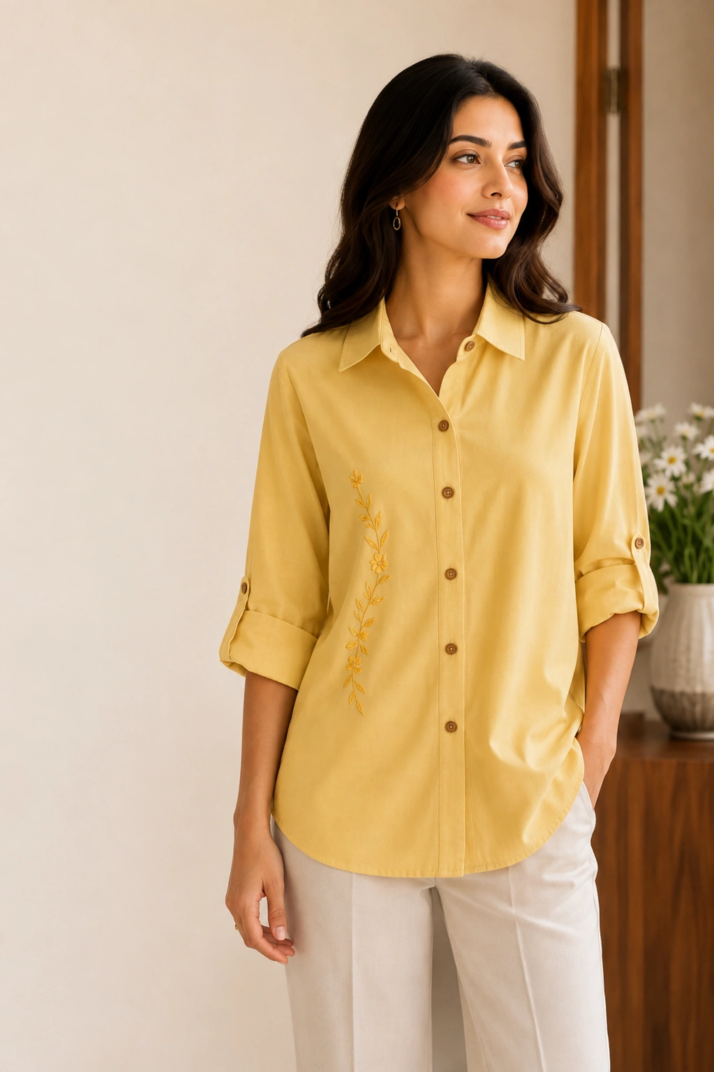 Yellow Pure Cotton Hand Embroidered Ladies Shirt