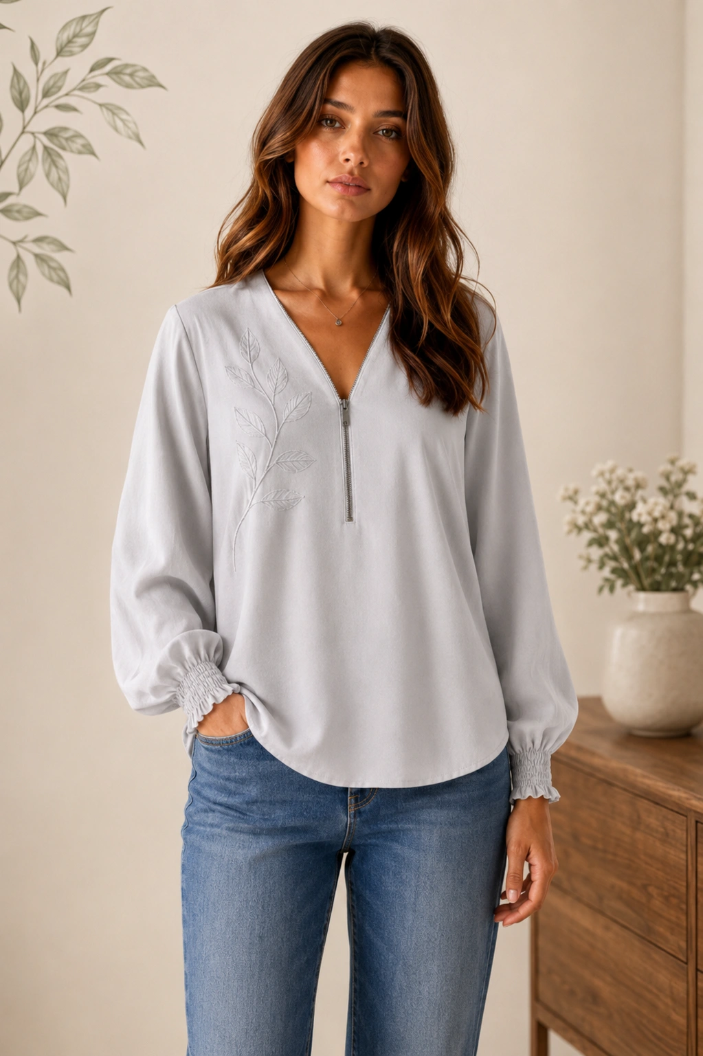 Light Grey Hand Embroidered Western Top