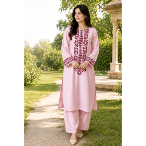 Pink Hand Embroidered 2-Piece Linen Unstitched Suit