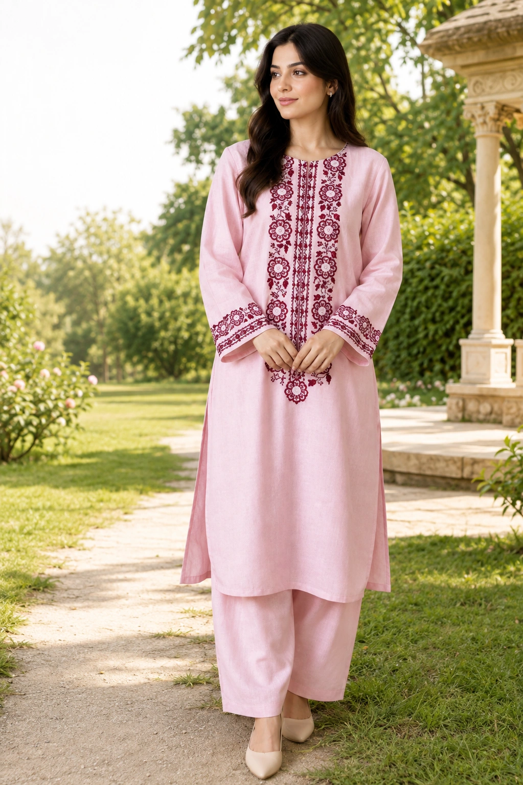 Pink Hand Embroidered 2-Piece Linen Unstitched Suit
