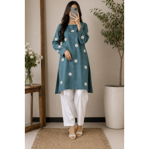 Teal Blue Hand Embroidered 2-Piece Lawn Unstitched Suit