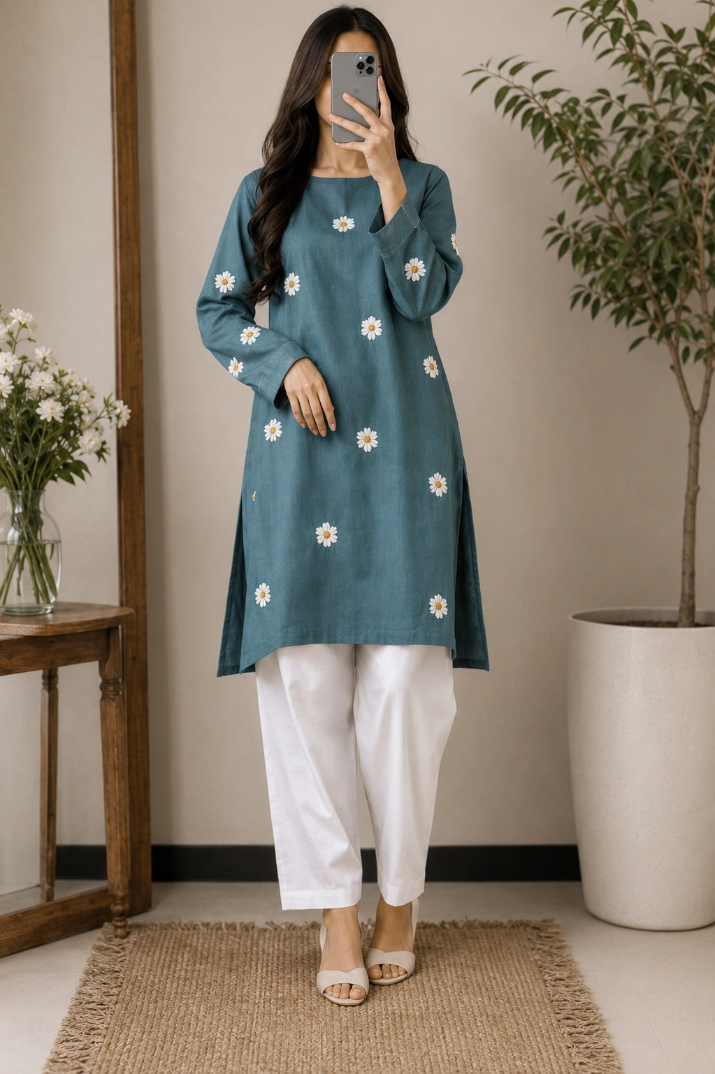 Teal Blue Hand Embroidered 2-Piece Lawn Unstitched Suit
