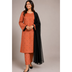 Soft Terracotta Malai Hand-Embroidered 3-Piece Unstitched Suit