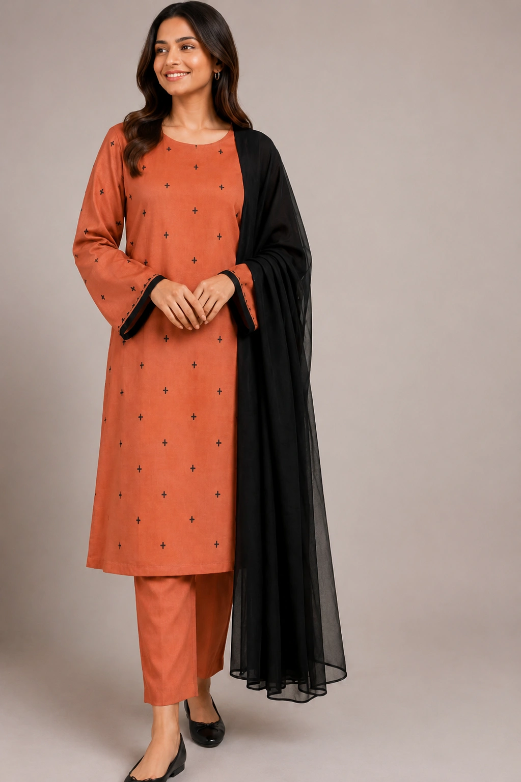 Soft Terracotta Malai Hand-Embroidered 3-Piece Unstitched Suit