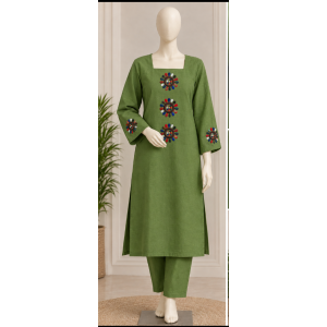Olive Green Lawn Outfit (HAND EMBROIDERED).