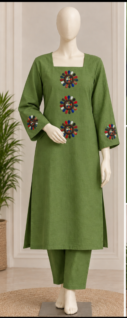 Olive Green Lawn Outfit (HAND EMBROIDERED).