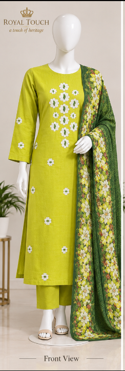 Elegant 3-Piece lawn Unstitched Suit with Hand Embroidery & Floral Dupatta.