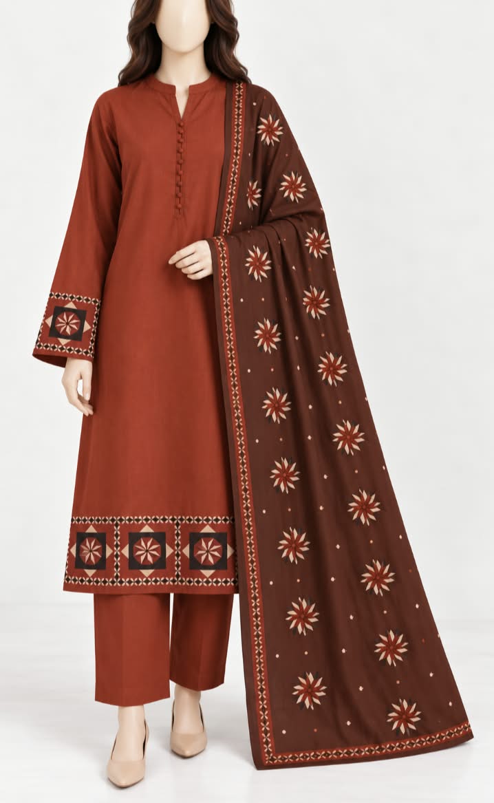 Poly lawn 3-piece suit in a rich rust-brown tone (PRINTED).